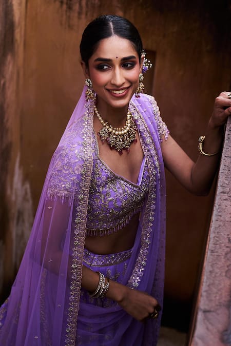 Buy_Issa Studio By Chetana & Swathi_Purple Georgette, Net Embroidery, Sequins, Lavender Gota Bridal Lehenga Set 