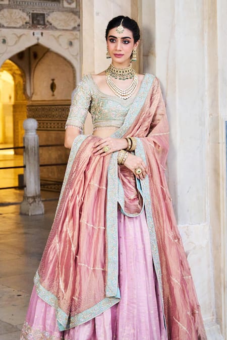 Issa Studio By Chetana & Swathi_Green Silk, Tissue Embroidery, Sequins Sweetheart Neck Floral Pink Lehenga Set _Online_at_Aza_Fashions
