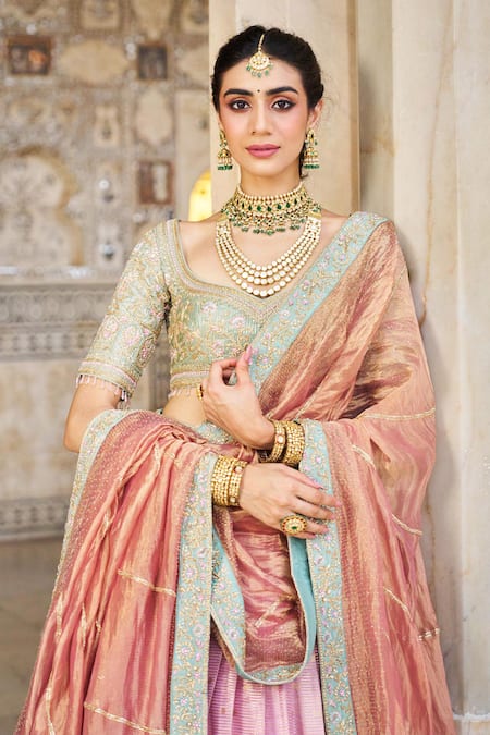Buy_Issa Studio By Chetana & Swathi_Green Silk, Tissue Embroidery, Sequins Sweetheart Neck Floral Pink Lehenga Set _Online_at_Aza_Fashions
