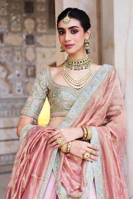 Shop_Issa Studio By Chetana & Swathi_Green Silk, Tissue Embroidery, Sequins Sweetheart Neck Floral Pink Lehenga Set _Online_at_Aza_Fashions