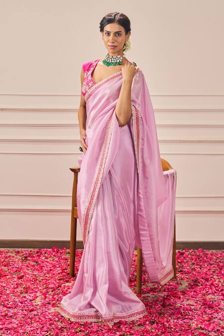Issa Studio By Chetana & Swathi Fuchsia Tissue Cut Work, Sequins V-neck Blush Pink Floral Embroidered Saree Set Online at Aza Fashions Issa Studio By Chetana & Swathi_Fuchsia Tissue Cut Work, Sequins V-neck Blush Pink Floral Embroidered Saree Set _Online_at_Aza_Fashions