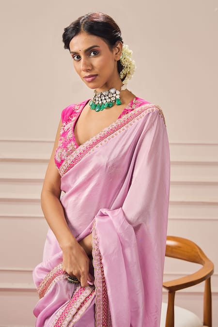 Shop Issa Studio By Chetana & Swathi Fuchsia Tissue Cut Work, Sequins V-neck Blush Pink Floral Embroidered Saree Set Online at Aza Fashions Shop_Issa Studio By Chetana & Swathi_Fuchsia Tissue Cut Work, Sequins V-neck Blush Pink Floral Embroidered Saree Set _Online_at_Aza_Fashions