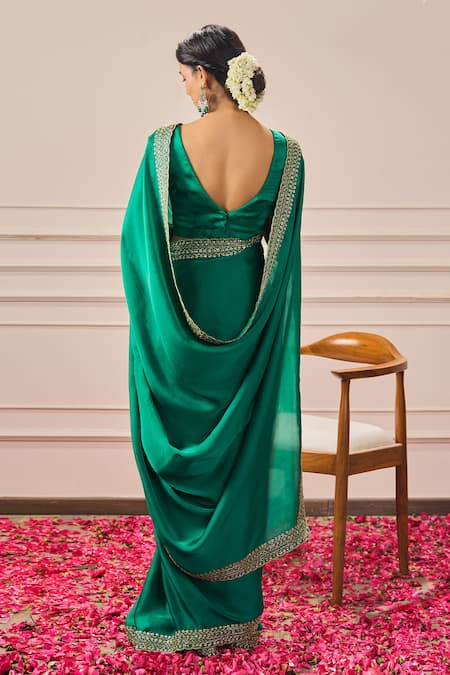 Shop Issa Studio By Chetana & Swathi Green Silk Cut Work, Sequins, Zari V-neck Emerald Hand Embroidered Saree Set at Aza Fashions Shop_Issa Studio By Chetana & Swathi_Green Silk Cut Work, Sequins, Zari V-neck Emerald Hand Embroidered Saree Set _at_Aza_Fashions