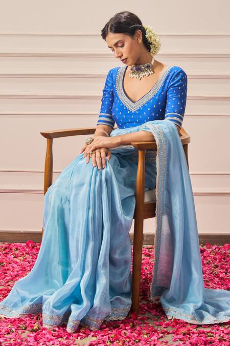 Issa Studio By Chetana & Swathi Blue Tissue Sequins, Cut Work, Zari V-neck Floral Hand Embroidered Saree Set Online at Aza Fashions Issa Studio By Chetana & Swathi_Blue Tissue Sequins, Cut Work, Zari V-neck Floral Hand Embroidered Saree Set _Online_at_Aza_Fashions