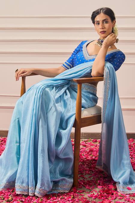 Buy Issa Studio By Chetana & Swathi Blue Tissue Sequins, Cut Work, Zari V-neck Floral Hand Embroidered Saree Set Online at Aza Fashions Buy_Issa Studio By Chetana & Swathi_Blue Tissue Sequins, Cut Work, Zari V-neck Floral Hand Embroidered Saree Set _Online_at_Aza_Fashions