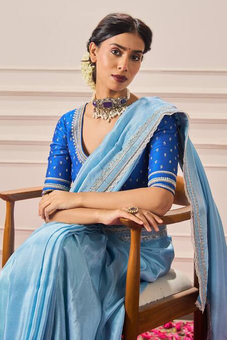 Shop Issa Studio By Chetana & Swathi Blue Tissue Sequins, Cut Work, Zari V-neck Floral Hand Embroidered Saree Set Online at Aza Fashions Shop_Issa Studio By Chetana & Swathi_Blue Tissue Sequins, Cut Work, Zari V-neck Floral Hand Embroidered Saree Set _Online_at_Aza_Fashions