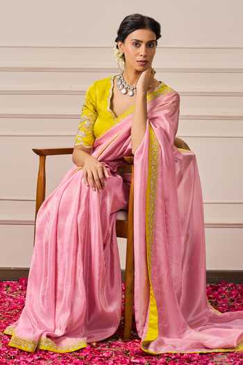 Issa Studio By Chetana & Swathi_Pink Silk Zari, Embroidery Scoop Neck Saree Set _Online_at_Aza_Fashions