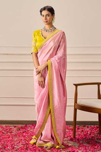 Buy_Issa Studio By Chetana & Swathi_Pink Silk Zari, Embroidery Scoop Neck Saree Set _Online_at_Aza_Fashions