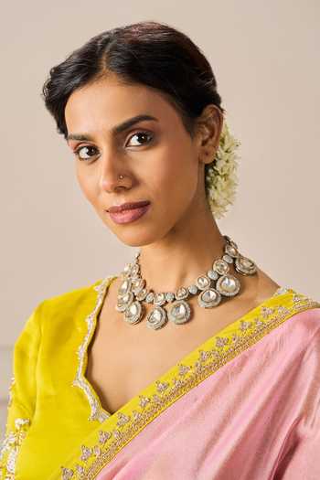 Issa Studio By Chetana & Swathi_Pink Silk Zari, Embroidery Scoop Neck Saree Set _at_Aza_Fashions