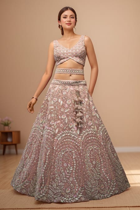 Samyukta Singhania_Pink Net, Linen Sequins, Stones Floral Paisley Embroidered Lehenga Set _Online_at_Aza_Fashions