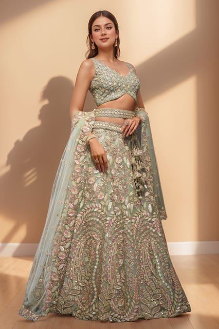 Samyukta Singhania Green Net Sequins, Stones Asymmetric Floral Embroidered Lehenga Set Online at Aza Fashions Samyukta Singhania_Green Net Sequins, Stones Asymmetric Floral Embroidered Lehenga Set_Online_at_Aza_Fashions