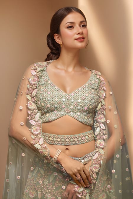 Buy Samyukta Singhania Green Net Sequins, Stones Asymmetric Floral Embroidered Lehenga Set Online at Aza Fashions Buy_Samyukta Singhania_Green Net Sequins, Stones Asymmetric Floral Embroidered Lehenga Set_Online_at_Aza_Fashions