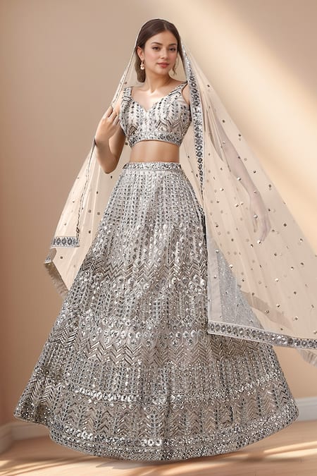 Samyukta Singhania Beige Net, Linen Sequins, Mirrors, Stones, Zari, Geometric Lehenga Set at Aza Fashions Samyukta Singhania_Beige Net, Linen Sequins, Mirrors, Stones, Zari, Geometric Lehenga Set _at_Aza_Fashions