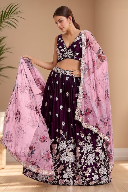 Samyukta Singhania Floral Embroidered Burgundy Lehenga Set 