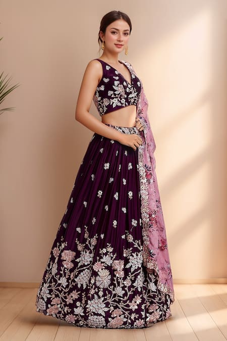 Samyukta Singhania Burgundy Polyester, Organza Sequins, Stones, Zari, Floral Lehenga Set at Aza Fashions Samyukta Singhania_Burgundy Polyester, Organza Sequins, Stones, Zari, Floral Lehenga Set_at_Aza_Fashions