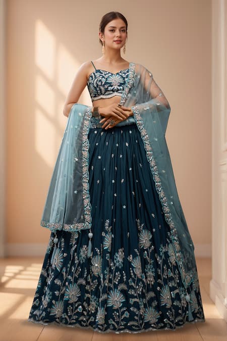 Samyukta Singhania Teal Floral Bloom Embroidered Lehenga Set 