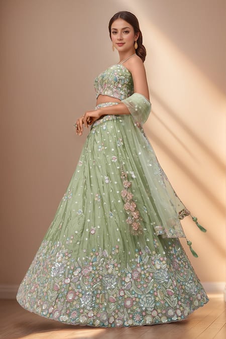 Samyukta Singhania_Green Polyester, Net Sequins, Stones, Applique, Zari, Floral Bloom Lehenga Set _Online_at_Aza_Fashions