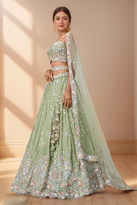 Shop_Samyukta Singhania_Green Polyester, Net Sequins, Stones, Applique, Zari, Floral Bloom Lehenga Set _Online_at_Aza_Fashions