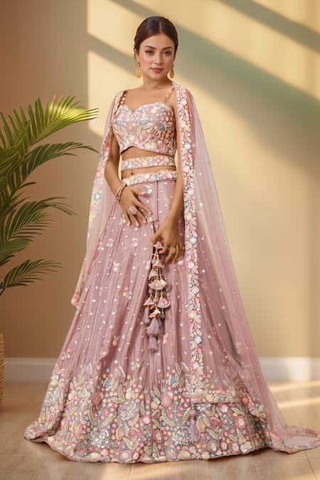 Shop_Samyukta Singhania_Rose Gold Polyester, Net Sequins, Stones, Zari Floral Bloom Applique Lehenga Set _Online_at_Aza_Fashions