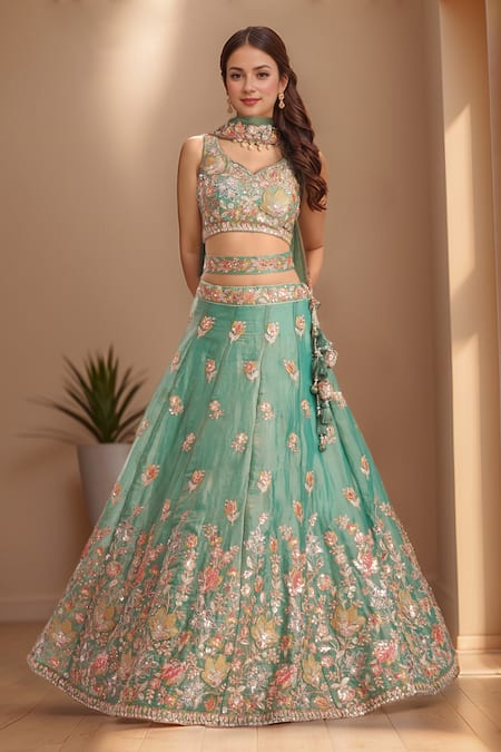 Buy_Samyukta Singhania_Green Organza, Net, Satin Embroidery, Sequins Asymmetric Floral Lehenga Set _Online_at_Aza_Fashions