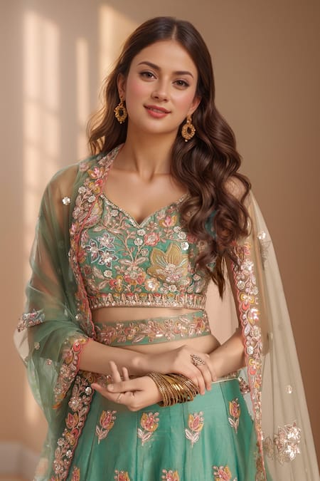 Shop_Samyukta Singhania_Green Organza, Net, Satin Embroidery, Sequins Asymmetric Floral Lehenga Set _Online_at_Aza_Fashions