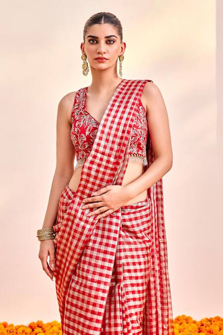 Shalkii Red Tissue, Silk Cut Work, Checkered Print Saree And Floral Embroidered Blouse Online at Aza Fashions Shalkii_Red Tissue, Silk Cut Work, Checkered Print Saree And Floral Embroidered Blouse _Online_at_Aza_Fashions