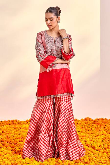 Shalkii Red Silk, Cotton, Tissue Cut Work, Zardozi Bloom Embroidered Kurta And Gharara Set Online at Aza Fashions Shalkii_Red Silk, Cotton, Tissue Cut Work, Zardozi Bloom Embroidered Kurta And Gharara Set _Online_at_Aza_Fashions