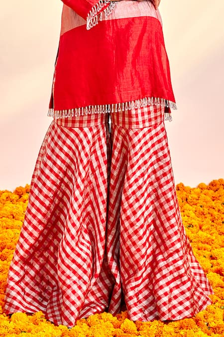 Buy Shalkii Red Silk, Cotton, Tissue Cut Work, Zardozi Bloom Embroidered Kurta And Gharara Set Online at Aza Fashions Buy_Shalkii_Red Silk, Cotton, Tissue Cut Work, Zardozi Bloom Embroidered Kurta And Gharara Set _Online_at_Aza_Fashions