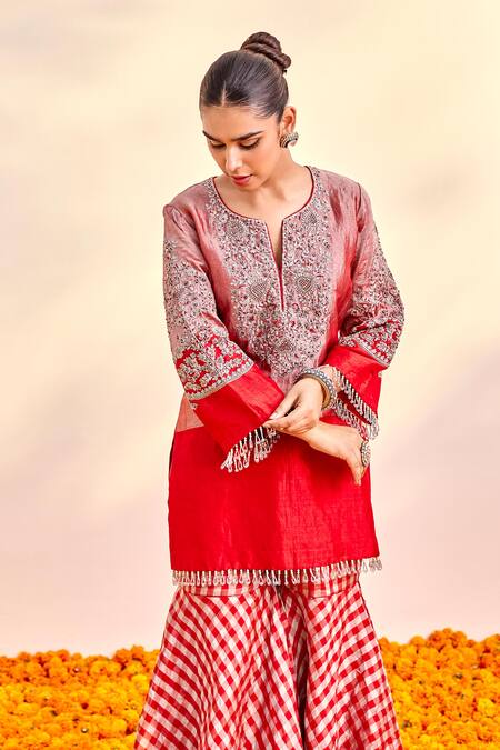 Shop Shalkii Red Silk, Cotton, Tissue Cut Work, Zardozi Bloom Embroidered Kurta And Gharara Set Online at Aza Fashions Shop_Shalkii_Red Silk, Cotton, Tissue Cut Work, Zardozi Bloom Embroidered Kurta And Gharara Set _Online_at_Aza_Fashions