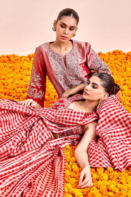 Shalkii Red Silk, Cotton, Tissue Cut Work, Zardozi Bloom Embroidered Kurta And Gharara Set at Aza Fashions Shalkii_Red Silk, Cotton, Tissue Cut Work, Zardozi Bloom Embroidered Kurta And Gharara Set _at_Aza_Fashions