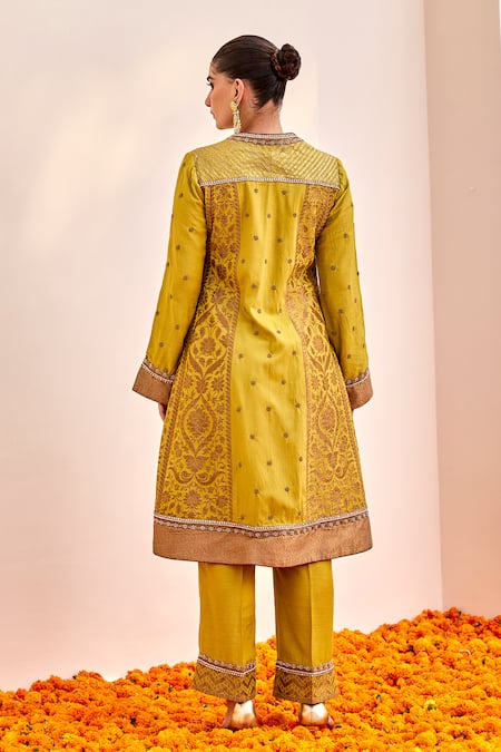 Shop Shalkii Yellow Tissue, Silk Cut Work, Zari, Sequins, Embroidery Bloom Woven Anarkali Set at Aza Fashions Shop_Shalkii_Yellow Tissue, Silk Cut Work, Zari, Sequins, Embroidery Bloom Woven Anarkali Set _at_Aza_Fashions