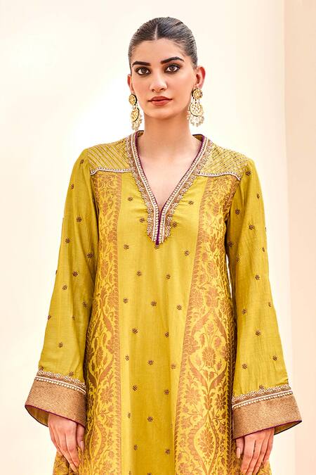 Shalkii Yellow Tissue, Silk Cut Work, Zari, Sequins, Embroidery Bloom Woven Anarkali Set at Aza Fashions Shalkii_Yellow Tissue, Silk Cut Work, Zari, Sequins, Embroidery Bloom Woven Anarkali Set _at_Aza_Fashions