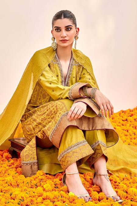 Buy Shalkii Yellow Tissue, Silk Cut Work, Zari, Sequins, Embroidery Bloom Woven Anarkali Set Buy_Shalkii_Yellow Tissue, Silk Cut Work, Zari, Sequins, Embroidery Bloom Woven Anarkali Set