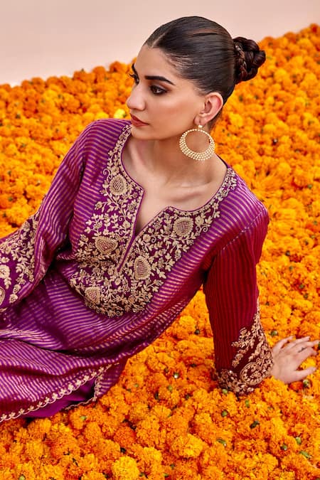 Shalkii_Purple , Satin, Chanderi Cut Work, Sequins, Gul Embroidered Kurta Set _Online_at_Aza_Fashions