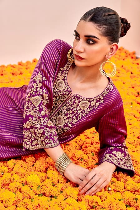 Buy_Shalkii_Purple , Satin, Chanderi Cut Work, Sequins, Gul Embroidered Kurta Set _Online_at_Aza_Fashions