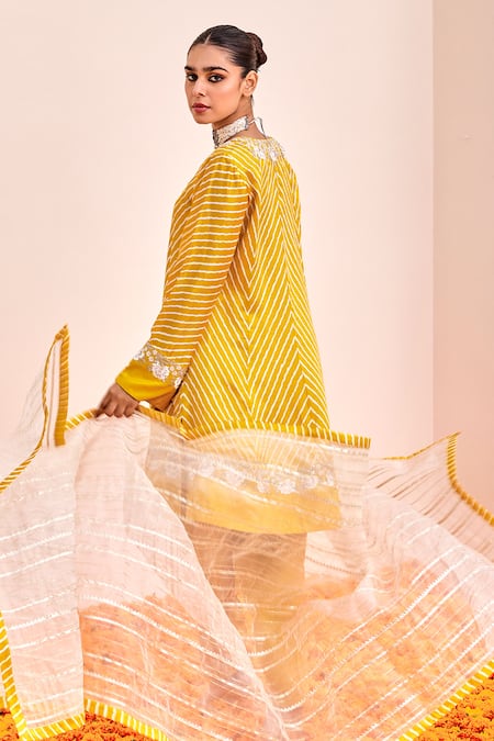 Buy Shalkii Yellow Organza, Silk Embroidery V-neck Leheriya Wave Anarkali Set Online at Aza Fashions Buy_Shalkii_Yellow Organza, Silk Embroidery V-neck Leheriya Wave Anarkali Set _Online_at_Aza_Fashions