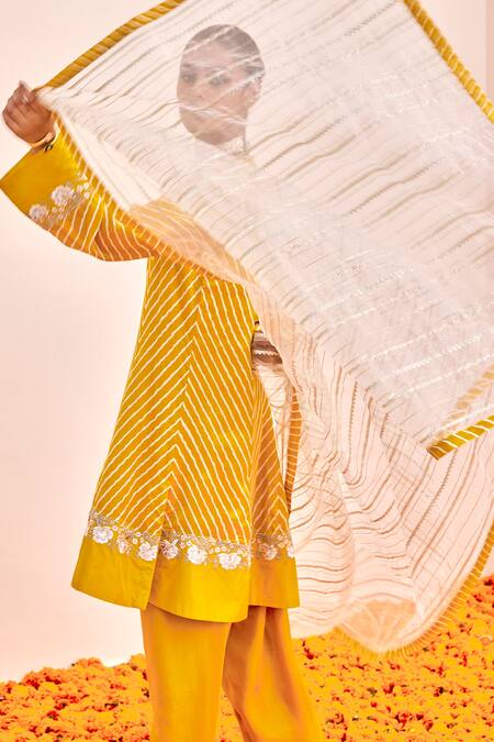 Shop Shalkii Yellow Organza, Silk Embroidery V-neck Leheriya Wave Anarkali Set Online at Aza Fashions Shop_Shalkii_Yellow Organza, Silk Embroidery V-neck Leheriya Wave Anarkali Set _Online_at_Aza_Fashions