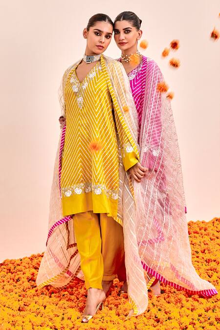 Shalkii Yellow Organza, Silk Embroidery V-neck Leheriya Wave Anarkali Set at Aza Fashions Shalkii_Yellow Organza, Silk Embroidery V-neck Leheriya Wave Anarkali Set _at_Aza_Fashions