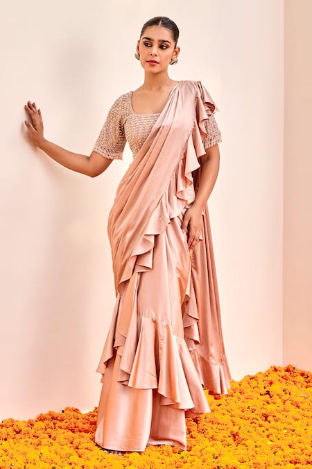 Shalkii Pink Pre-Draped Ruffle Saree & Embroidered Blouse 