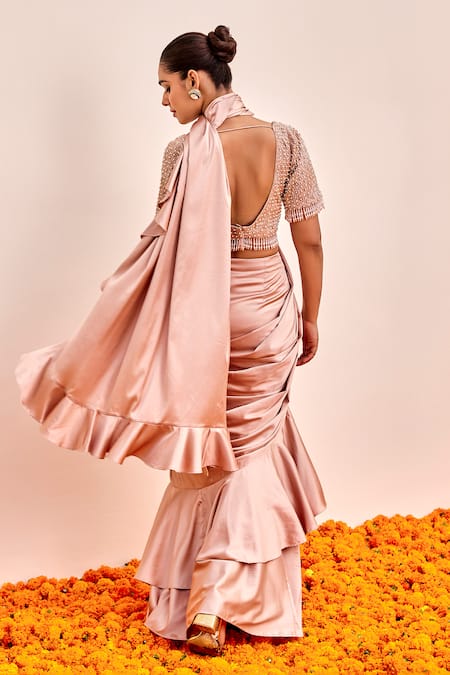 Shop Shalkii Pink Silk, Satin Beads Round Neck Pre-draped Ruffle Saree And Embroidered Blouse at Aza Fashions Shop_Shalkii_Pink Silk, Satin Beads Round Neck Pre-draped Ruffle Saree And Embroidered Blouse _at_Aza_Fashions