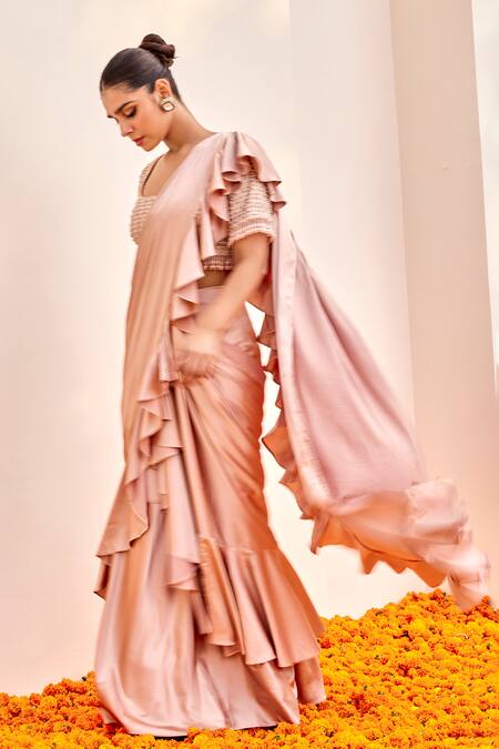Shalkii Pink Silk, Satin Beads Round Neck Pre-draped Ruffle Saree And Embroidered Blouse Online at Aza Fashions Shalkii_Pink Silk, Satin Beads Round Neck Pre-draped Ruffle Saree And Embroidered Blouse _Online_at_Aza_Fashions