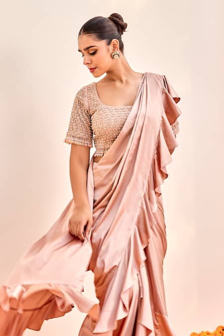 Buy Shalkii Pink Silk, Satin Beads Round Neck Pre-draped Ruffle Saree And Embroidered Blouse Online at Aza Fashions Buy_Shalkii_Pink Silk, Satin Beads Round Neck Pre-draped Ruffle Saree And Embroidered Blouse _Online_at_Aza_Fashions