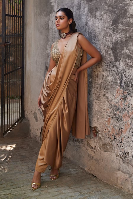 Shalkii Gold Pre-Draped Saree With Sequin Blouse 