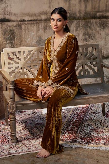 Shalkii Brown Silk, Velvet Embroidery V-neck Gulshan Jacket And Pant Set Online at Aza Fashions Shalkii_Brown Silk, Velvet Embroidery V-neck Gulshan Jacket And Pant Set _Online_at_Aza_Fashions