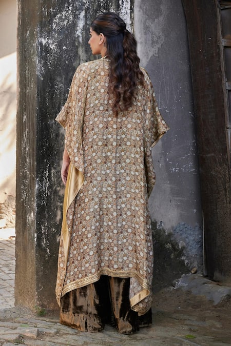 Shop_Shalkii_Brown Silk Beads, Sequins V-neck Floral Print Cape And Bustier Pant Set _at_Aza_Fashions