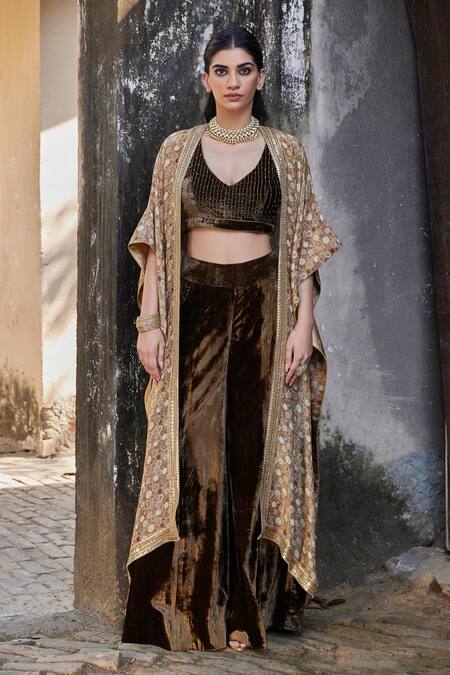 Shalkii_Brown Silk Beads, Sequins V-neck Floral Print Cape And Bustier Pant Set _Online_at_Aza_Fashions