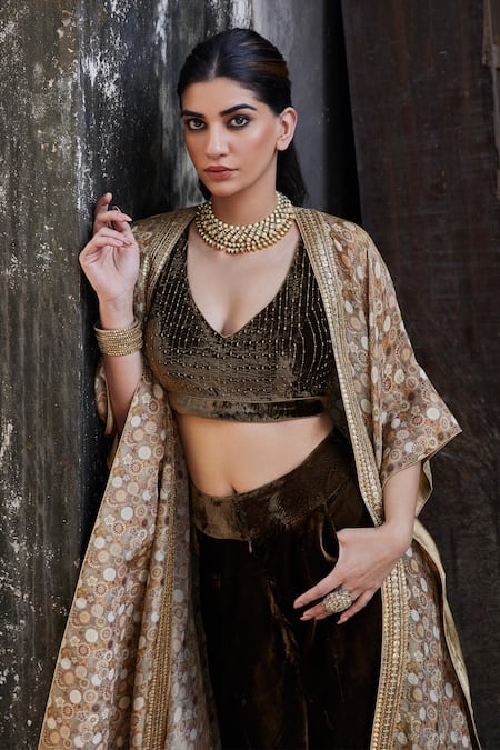 Buy_Shalkii_Brown Silk Beads, Sequins V-neck Floral Print Cape And Bustier Pant Set _Online_at_Aza_Fashions