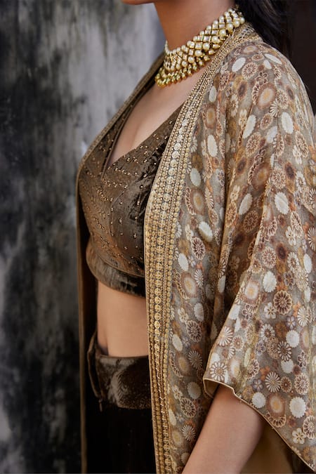 Shop_Shalkii_Brown Silk Beads, Sequins V-neck Floral Print Cape And Bustier Pant Set _Online_at_Aza_Fashions