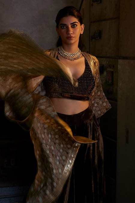 Shalkii_Brown Silk Beads, Sequins V-neck Floral Print Cape And Bustier Pant Set _at_Aza_Fashions