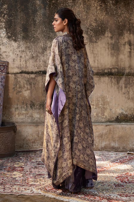 Shop Shalkii Brown Silk Sequins V-neck Floral Bloom Print Cape And Flared Pant Set at Aza Fashions Shop_Shalkii_Brown Silk Sequins V-neck Floral Bloom Print Cape And Flared Pant Set _at_Aza_Fashions